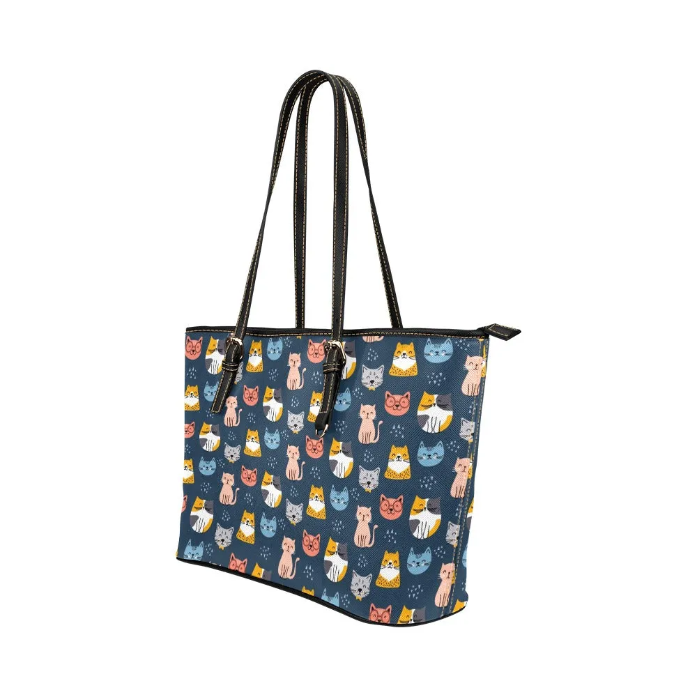 Cat Tote Bag Purse, Cute Kittens Print Handbag Women High Grade Leather Zip Top Small Large Designer Handmade Shoulder Work Bag