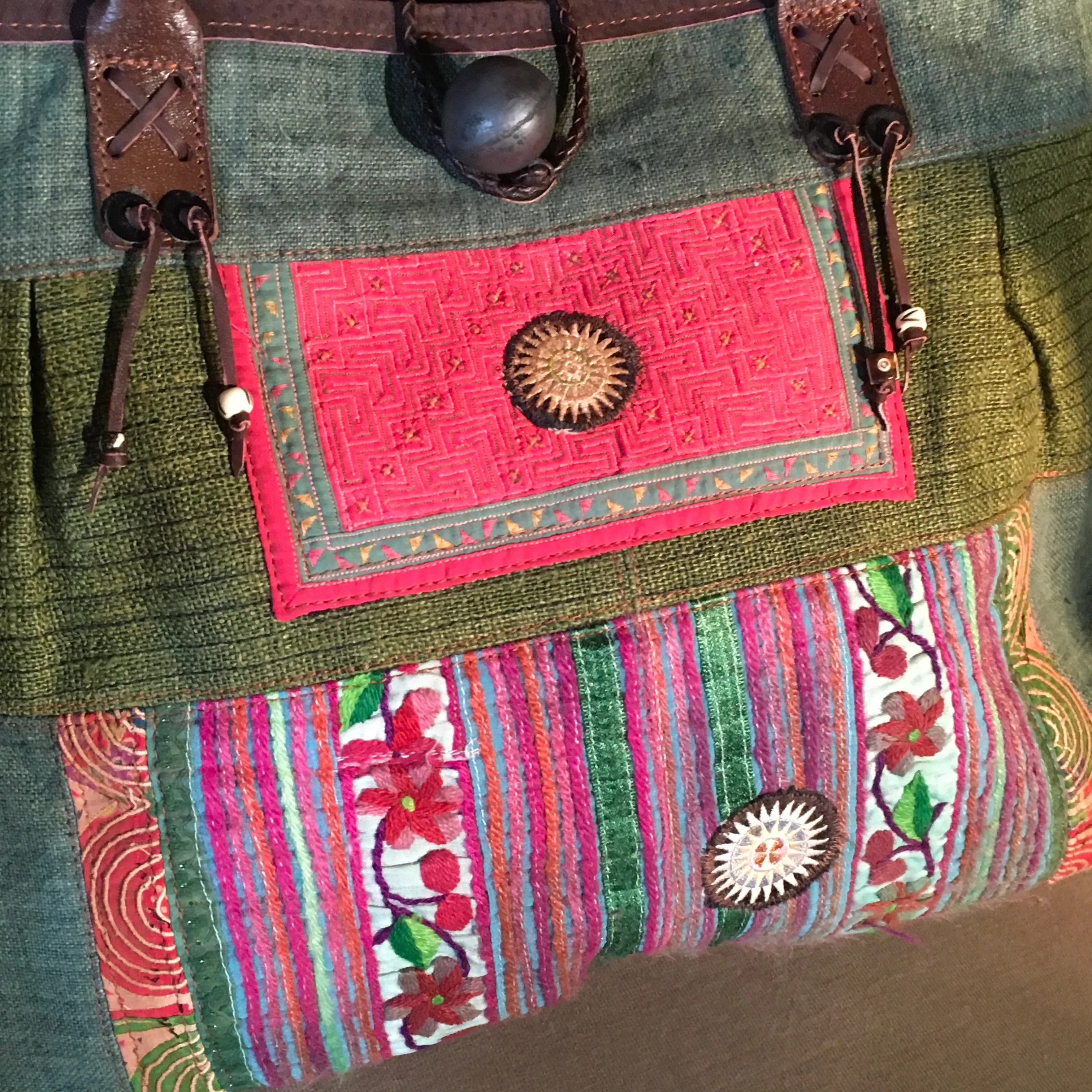 Hmong Hill Tribe Tote Bag | Leather & Vintage Textiles | Handmade in Thailand
