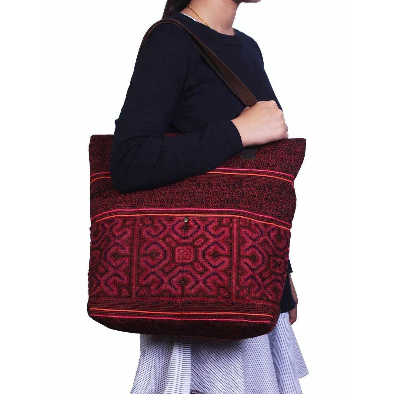 Leather Embroidered Hmong Tote - Thailand