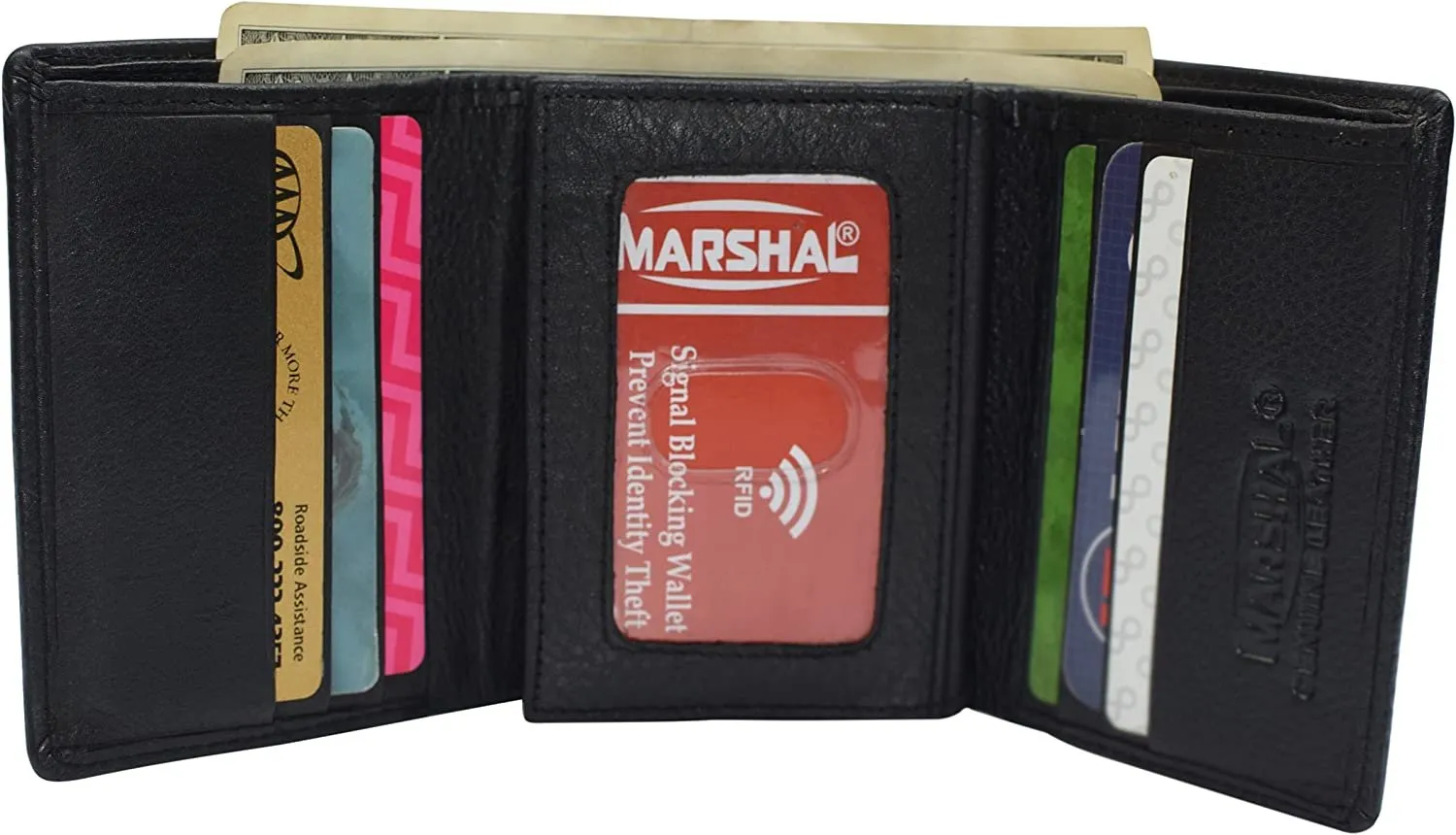 Marshal RFID Protected Men's Cowhide Leather Trifold Wallet with 9 Card Slots 2 Note Pocket & 2 ID Windows