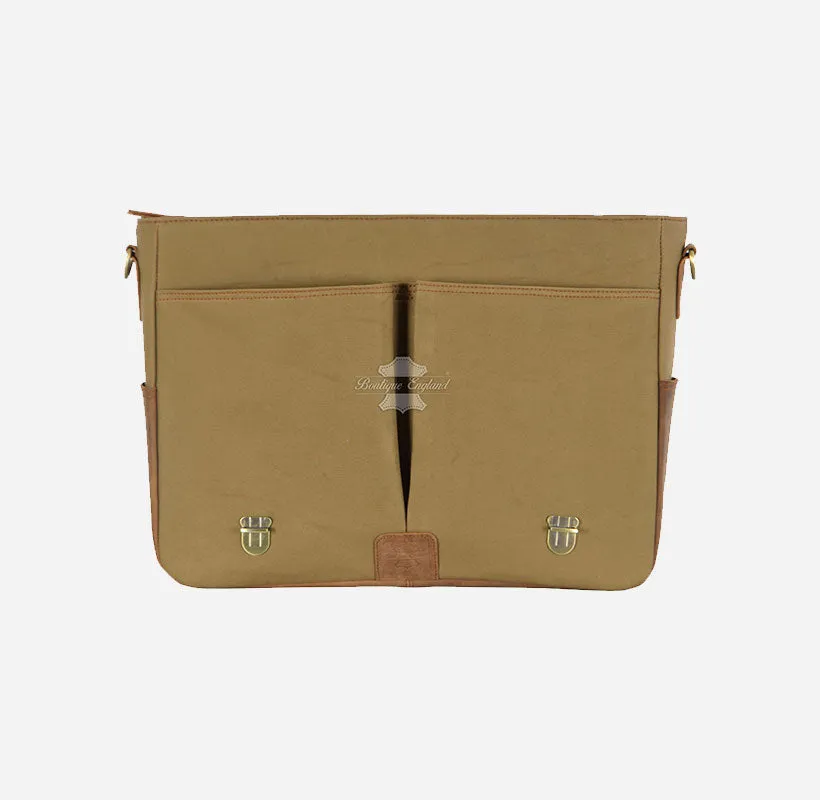 Men Leather Canvas Laptop Bag Messenger Crossbody Bag