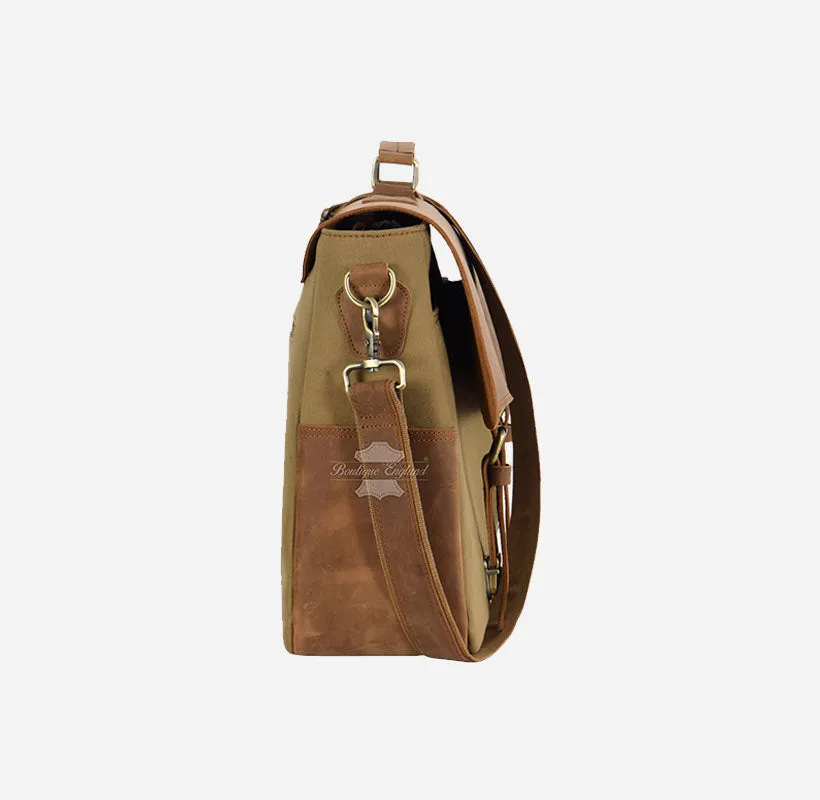 Men Leather Canvas Laptop Bag Messenger Crossbody Bag