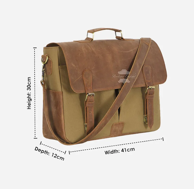 Men Leather Canvas Laptop Bag Messenger Crossbody Bag