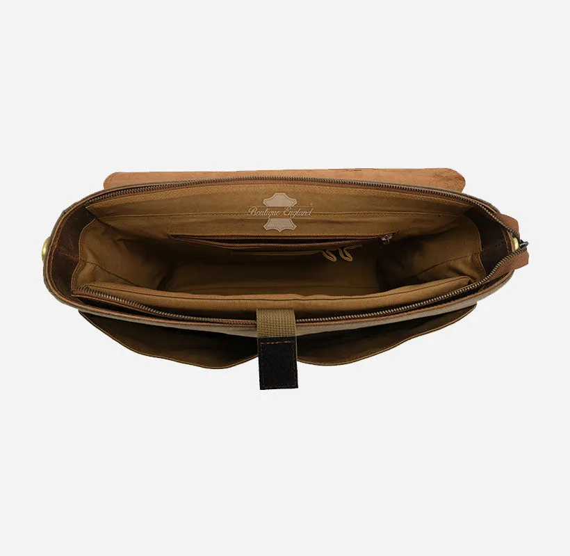 Men Leather Canvas Laptop Bag Messenger Crossbody Bag