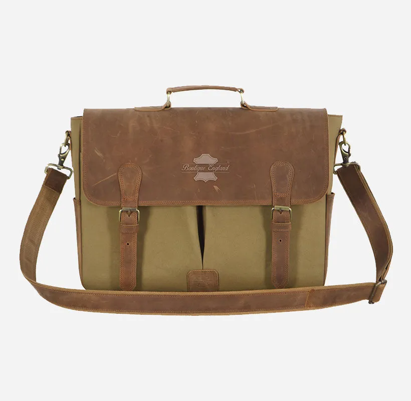 Men Leather Canvas Laptop Bag Messenger Crossbody Bag