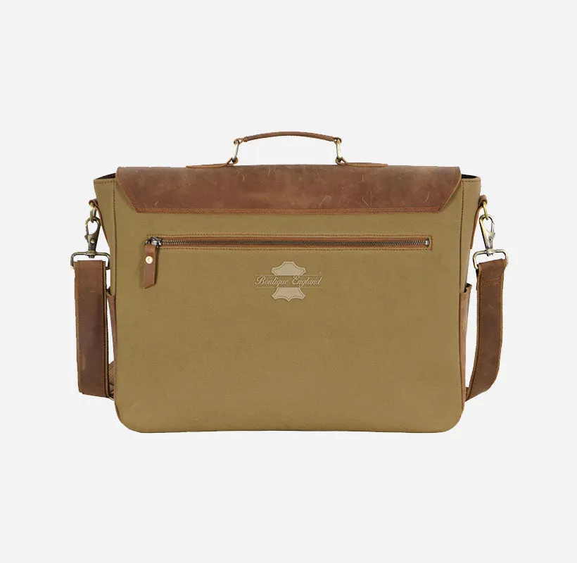 Men Leather Canvas Laptop Bag Messenger Crossbody Bag