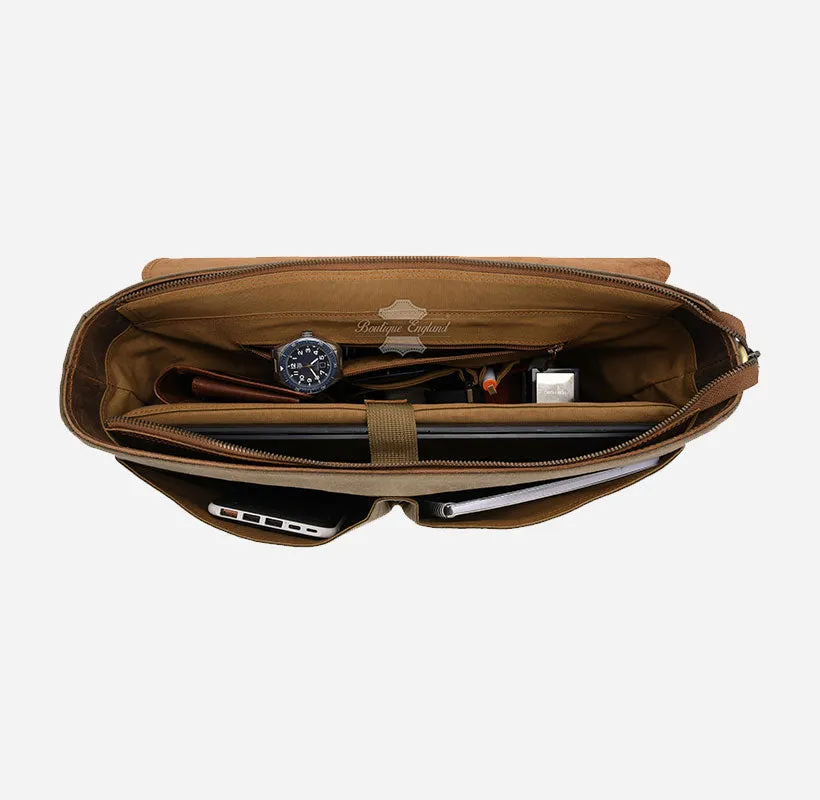 Men Leather Canvas Laptop Bag Messenger Crossbody Bag