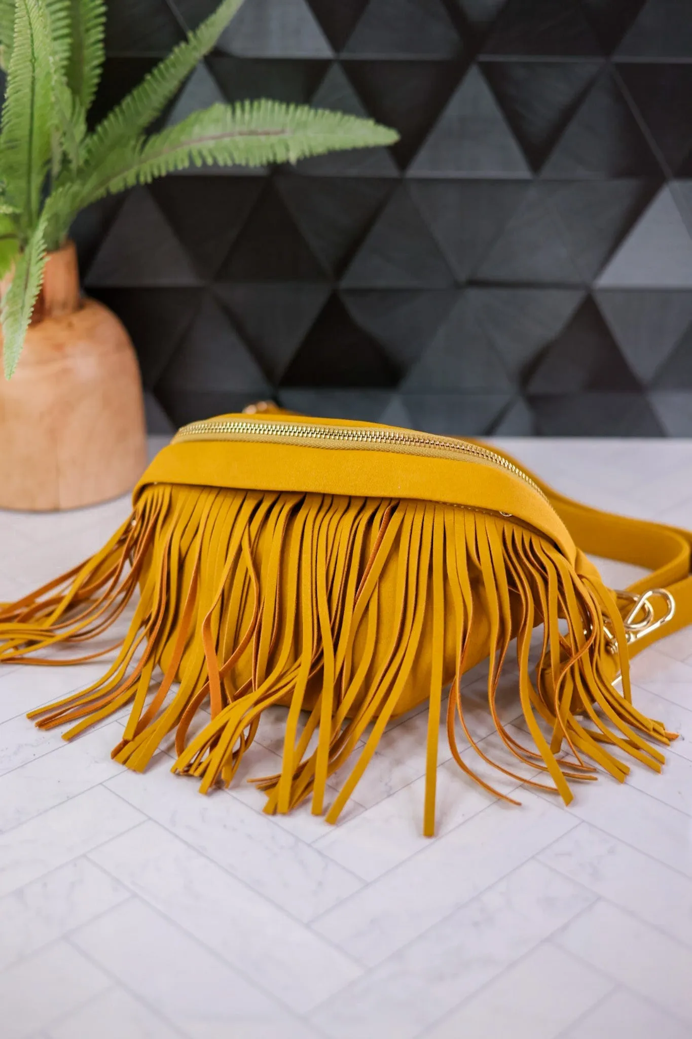 Mustard Suede Removable Fringe Bum Bag