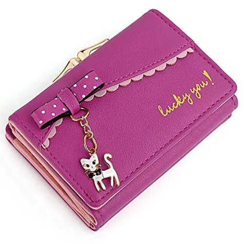 UTO Women's Trifold Wallet Cute Kitty Bowknot Card Holder Small Coin Purse Rose Red