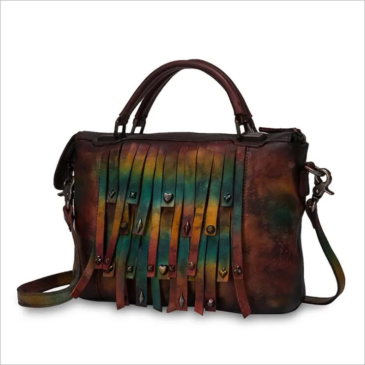 Vintage Women's Leather Handbags Purse With Fringe Boho Shoulder Purses For Women